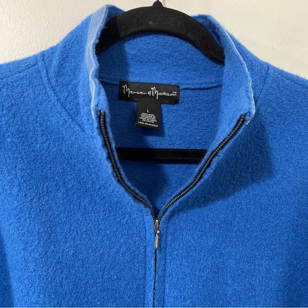 Mercer & Madison Boiled Wool Cobalt Blue Cardigan Sweater Zipped Jacket [sz L] - Picture 3 of 10